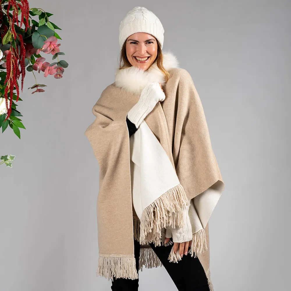 Almond and Ivory Cashmere Cape with Cashmere Fur Trim