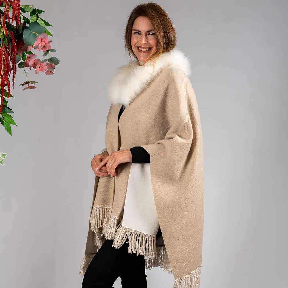 Almond and Ivory Cashmere Cape with Cashmere Fur Trim