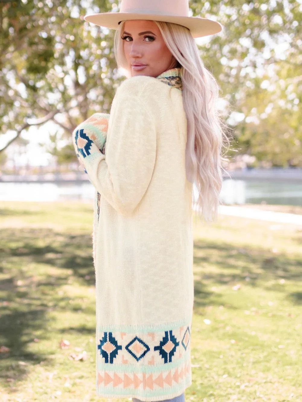 Apricot Aztec Patterned Open Front Sweater Cardigan