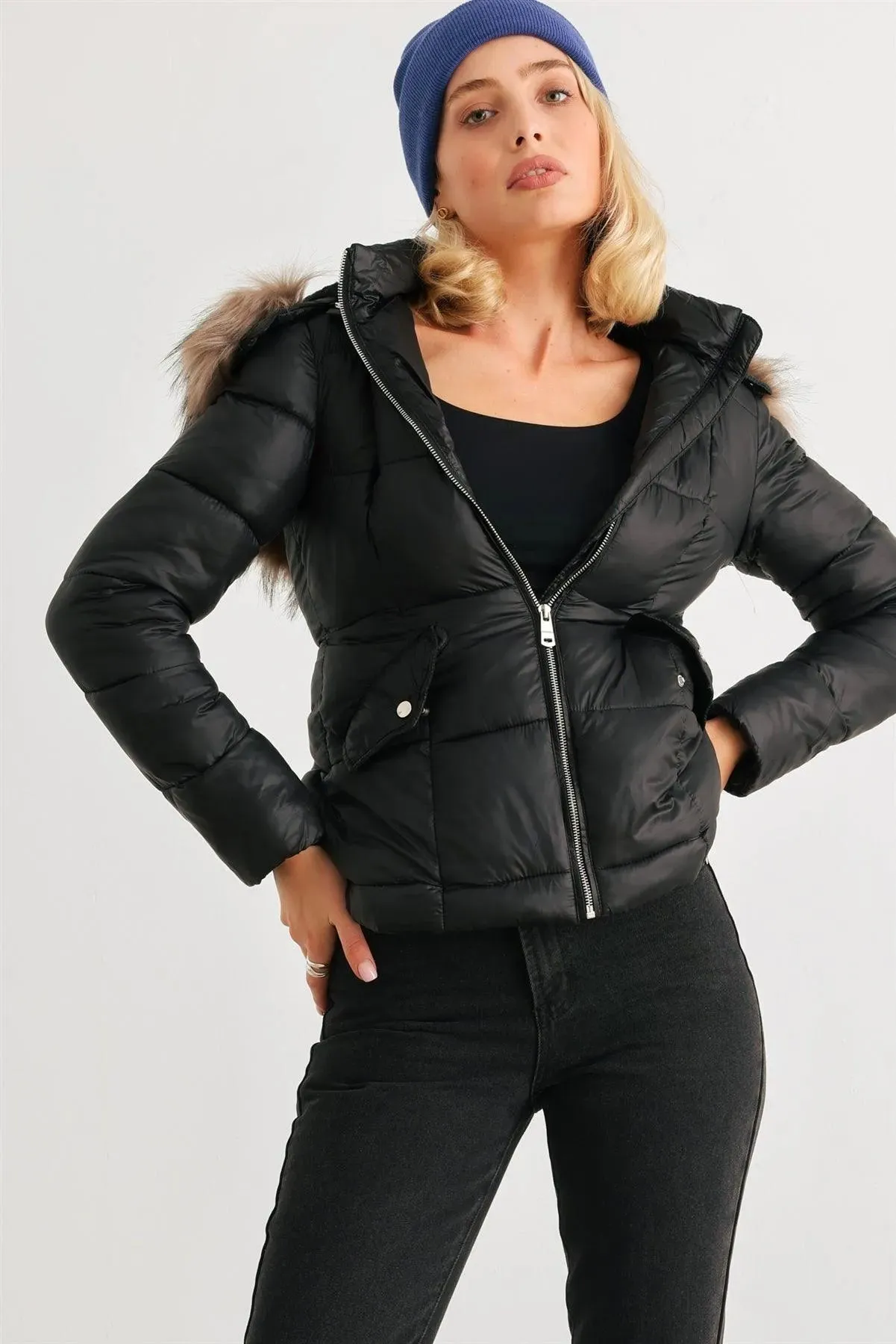 Black Long Sleeve Faux Fur Hood Padded Water Resistant Finish Puffer Jacket /1-1-2