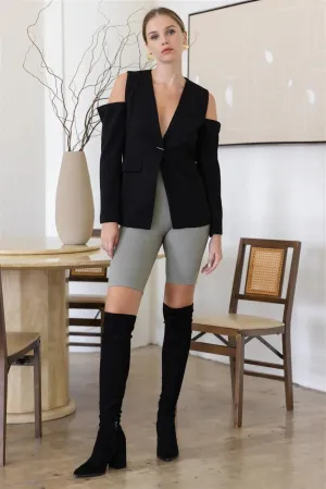 Black Textured Cold Shoulder Contrast Button Blazer /3-2-1