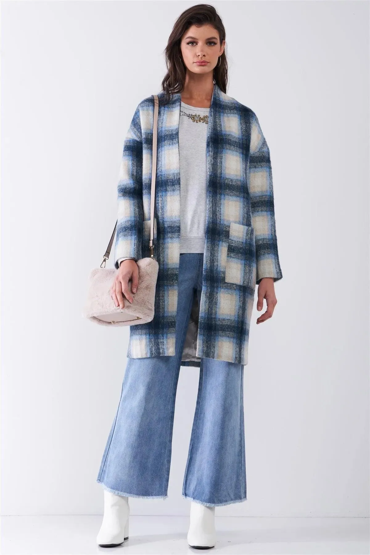 Blue Madras Check Plaid Open Front Long Sleeve Straight Wool Coat Jacket /2-2-2