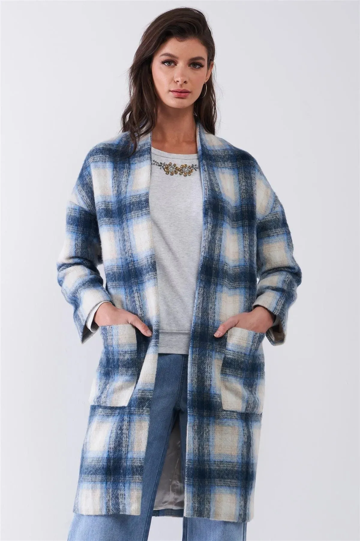 Blue Madras Check Plaid Open Front Long Sleeve Straight Wool Coat Jacket /2-2-2