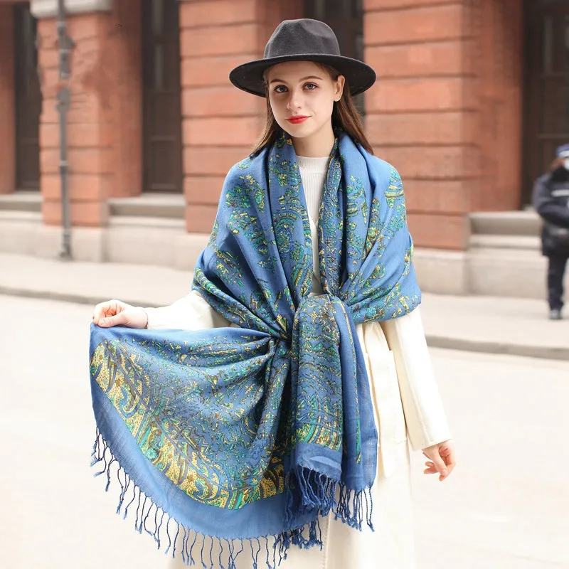 Blue Wool Cape: Thick Spring and Autumn Oversized Shawl - Ethnic Style