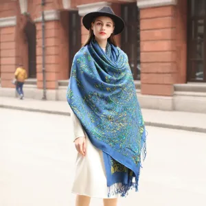 Blue Wool Cape: Thick Spring and Autumn Oversized Shawl - Ethnic Style