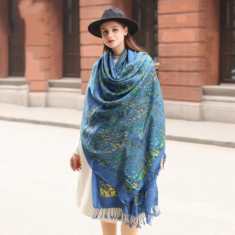 Blue Wool Cape: Thick Spring and Autumn Oversized Shawl - Ethnic Style