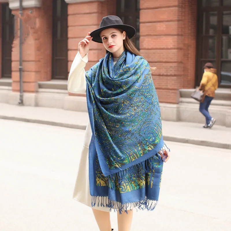 Blue Wool Cape: Thick Spring and Autumn Oversized Shawl - Ethnic Style