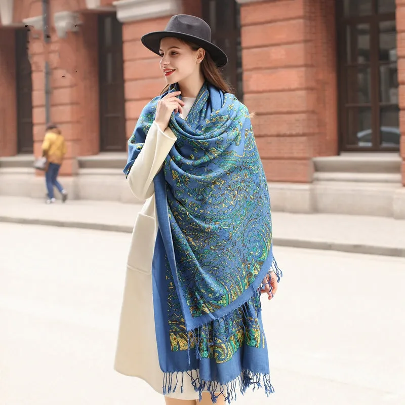 Blue Wool Cape: Thick Spring and Autumn Oversized Shawl - Ethnic Style