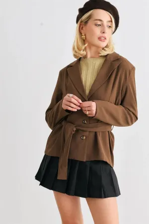 Brown Button-Up Long Sleeve Belted Blazer /1-2-1-1