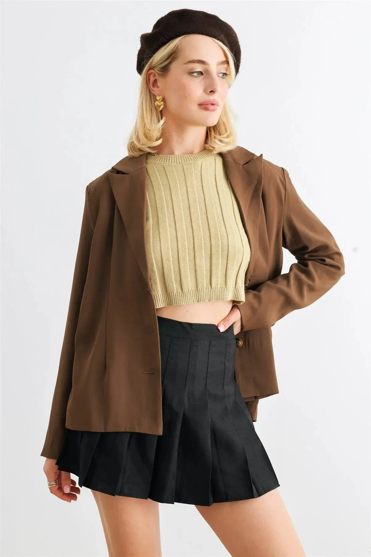 Brown Button-Up Long Sleeve Belted Blazer /1-2-1-1