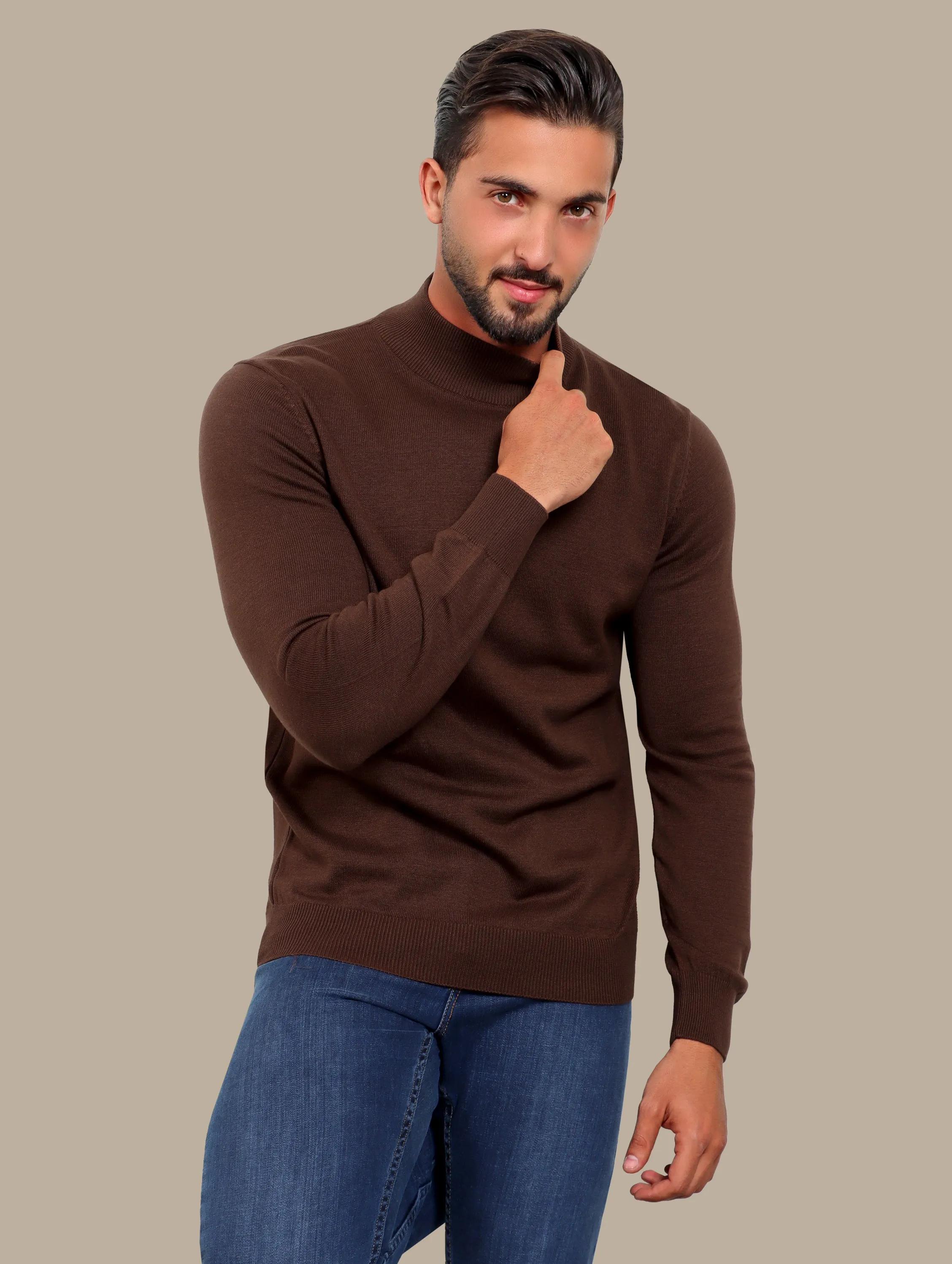 Brown High Neck Basic Sweater