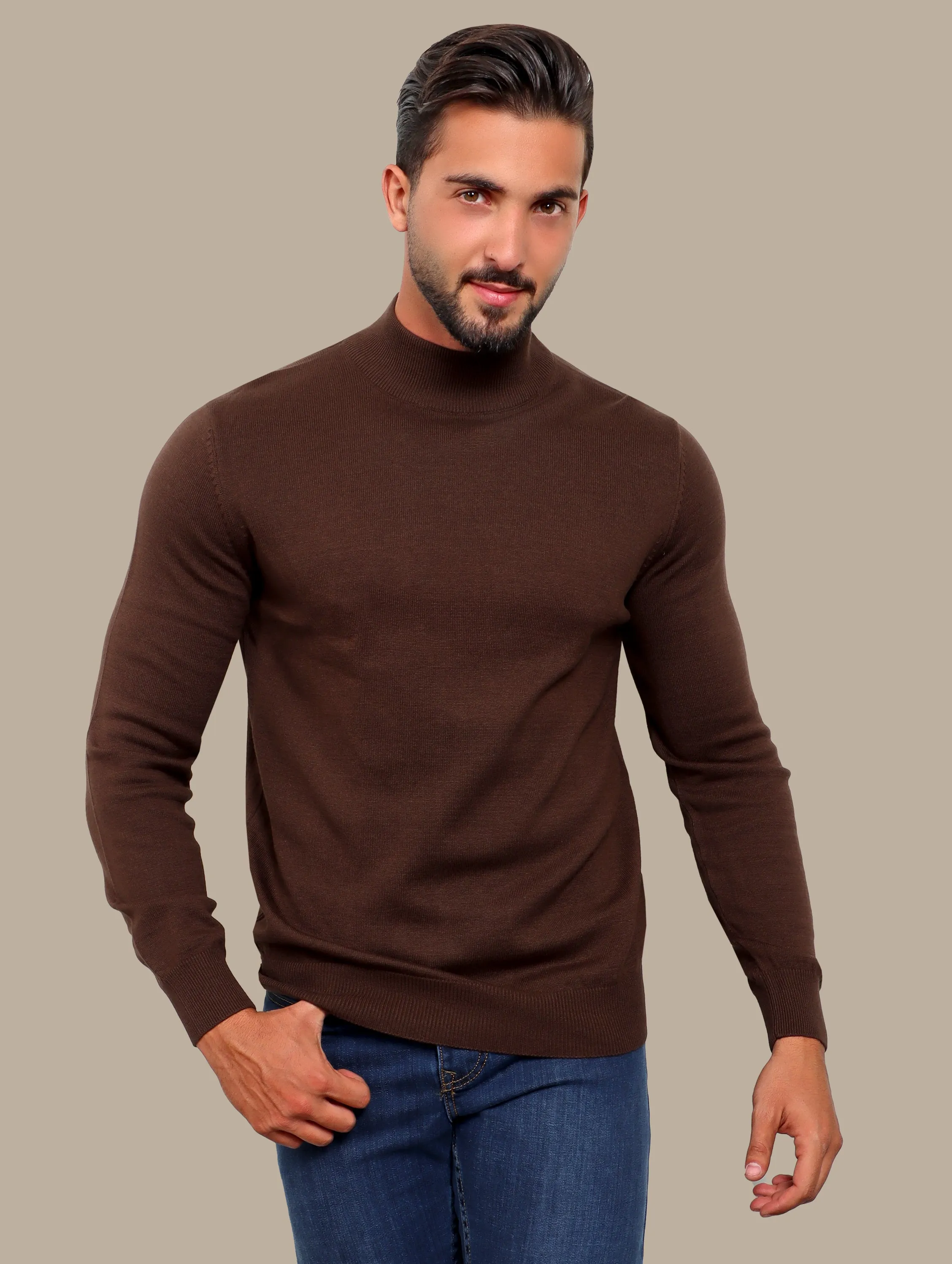 Brown High Neck Basic Sweater