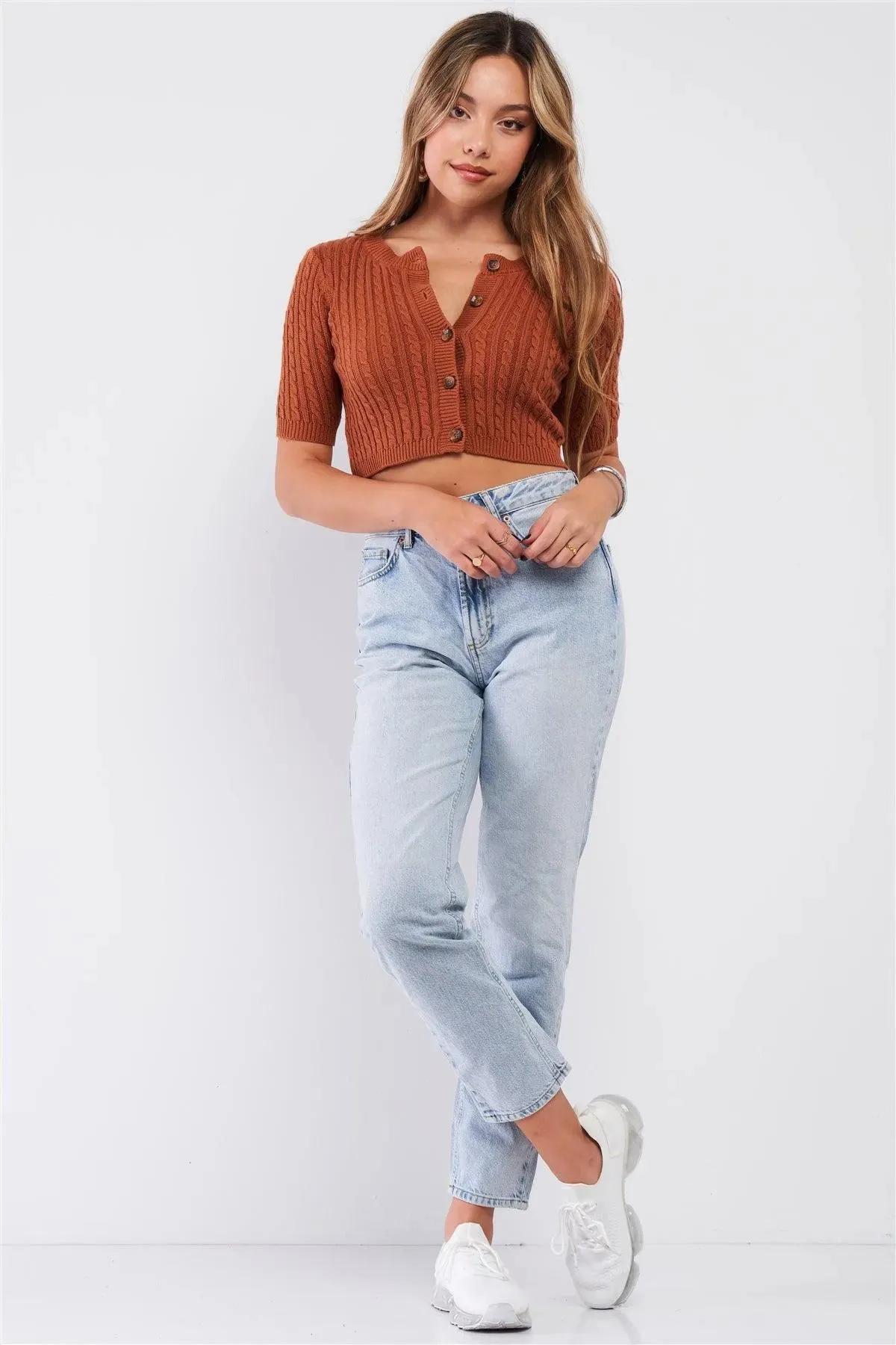 Chocolate Cable Knit Button Down Round Neck Crop Top /3-2-1