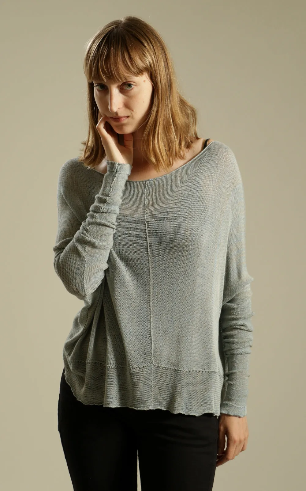 Cloudy Sky, Smokey Blue Oversize Bamboo knitted shirt with Long Sleeves