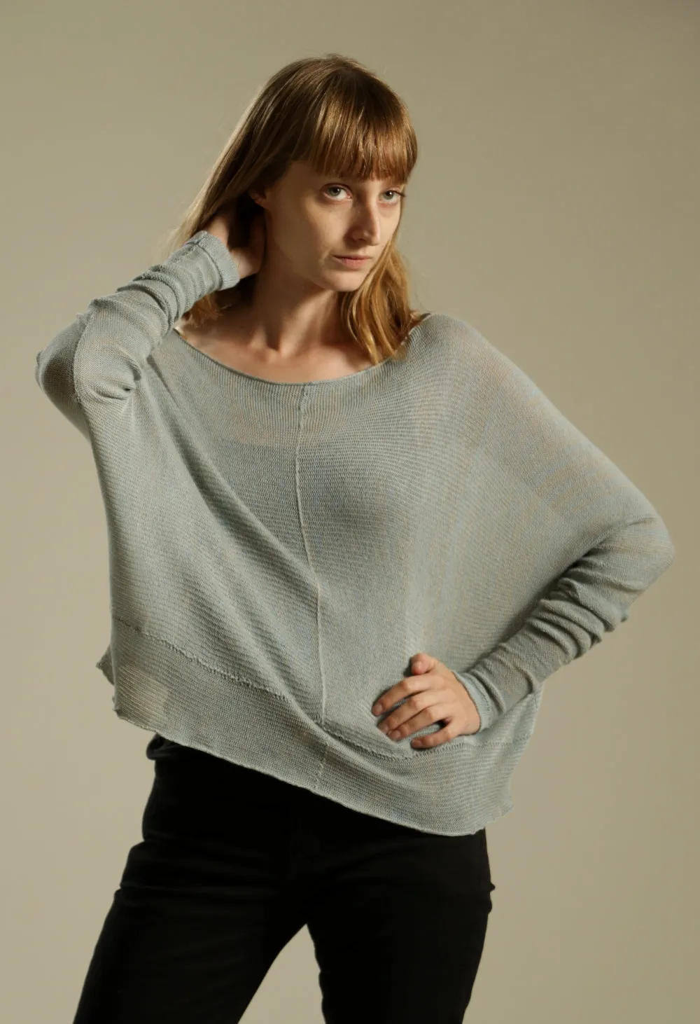 Cloudy Sky, Smokey Blue Oversize Bamboo knitted shirt with Long Sleeves