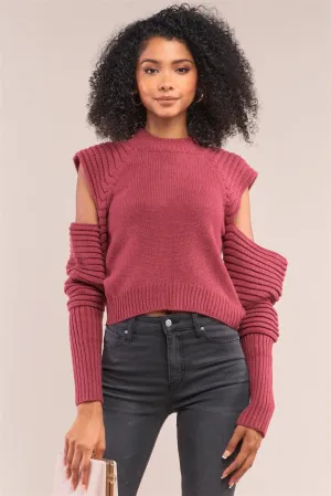 Cranberry Red Knit Ribbed Neck Long Pleated Sleeve Cut-Out Detail Cropped Sweater