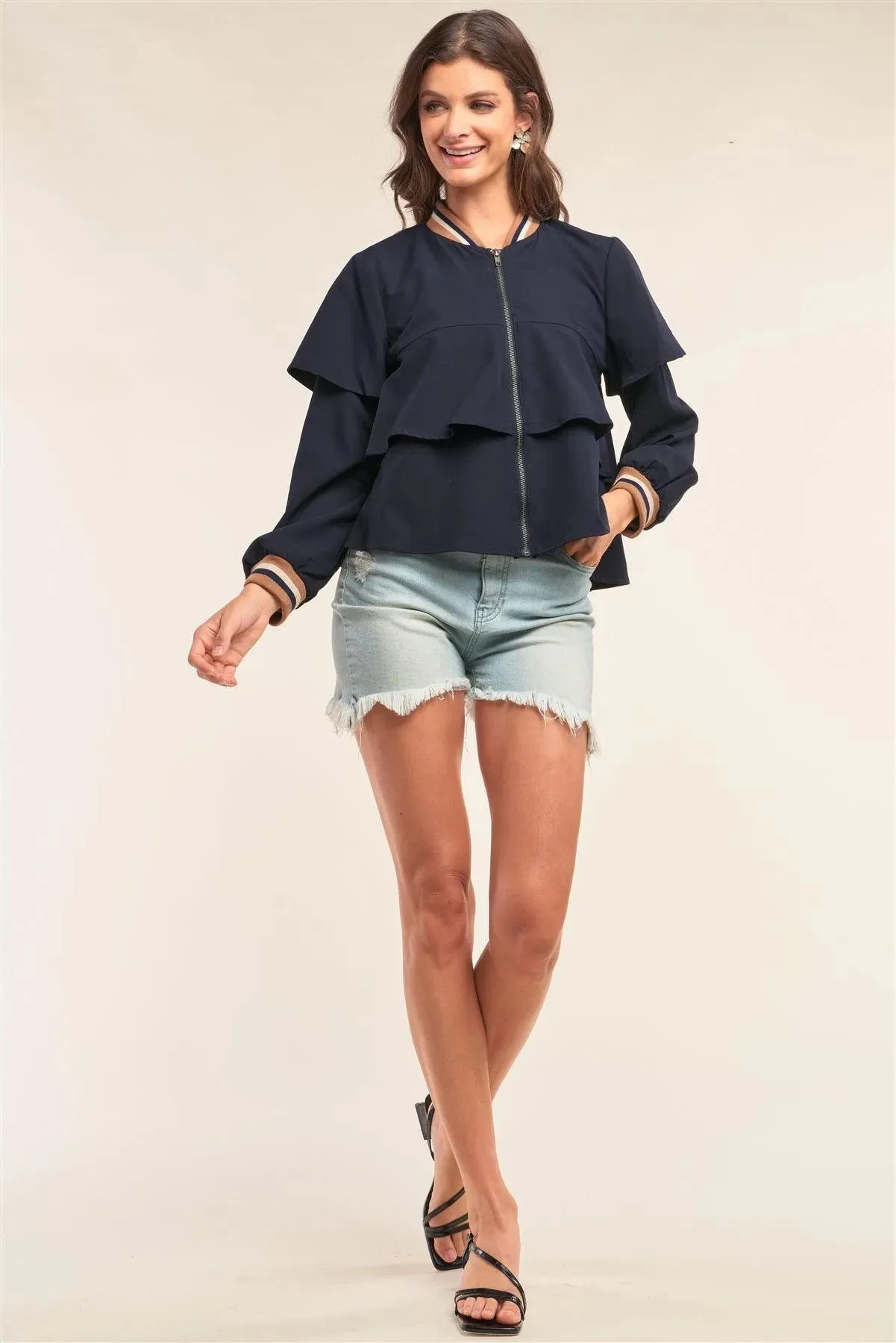 Deep Blue Long Cuffed Sleeve Flare Trim Detail Bomber Jacket /1-2-2