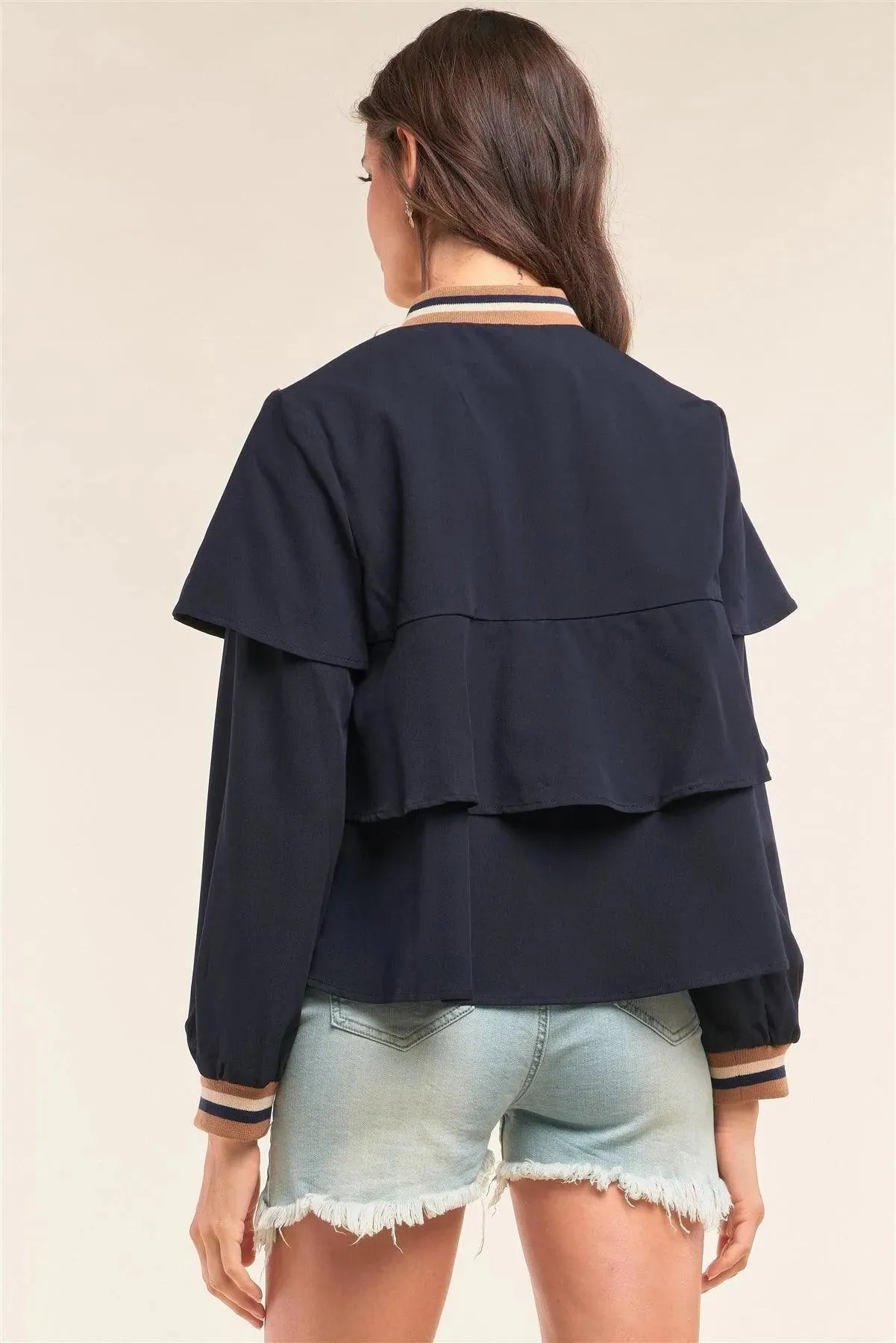 Deep Blue Long Cuffed Sleeve Flare Trim Detail Bomber Jacket /1-2-2