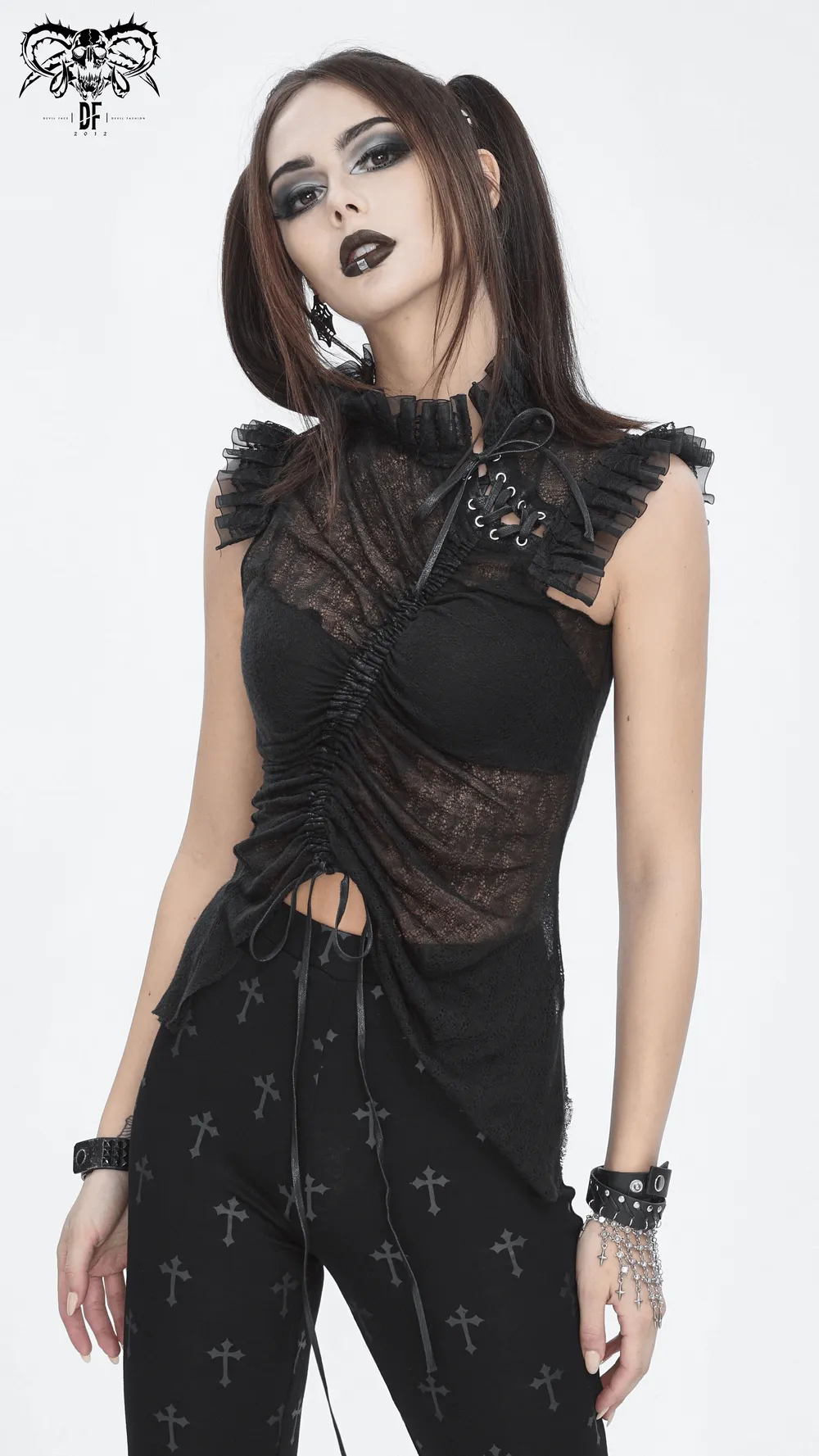 Elegant Women's Black Sheer Top with Ruffles Details