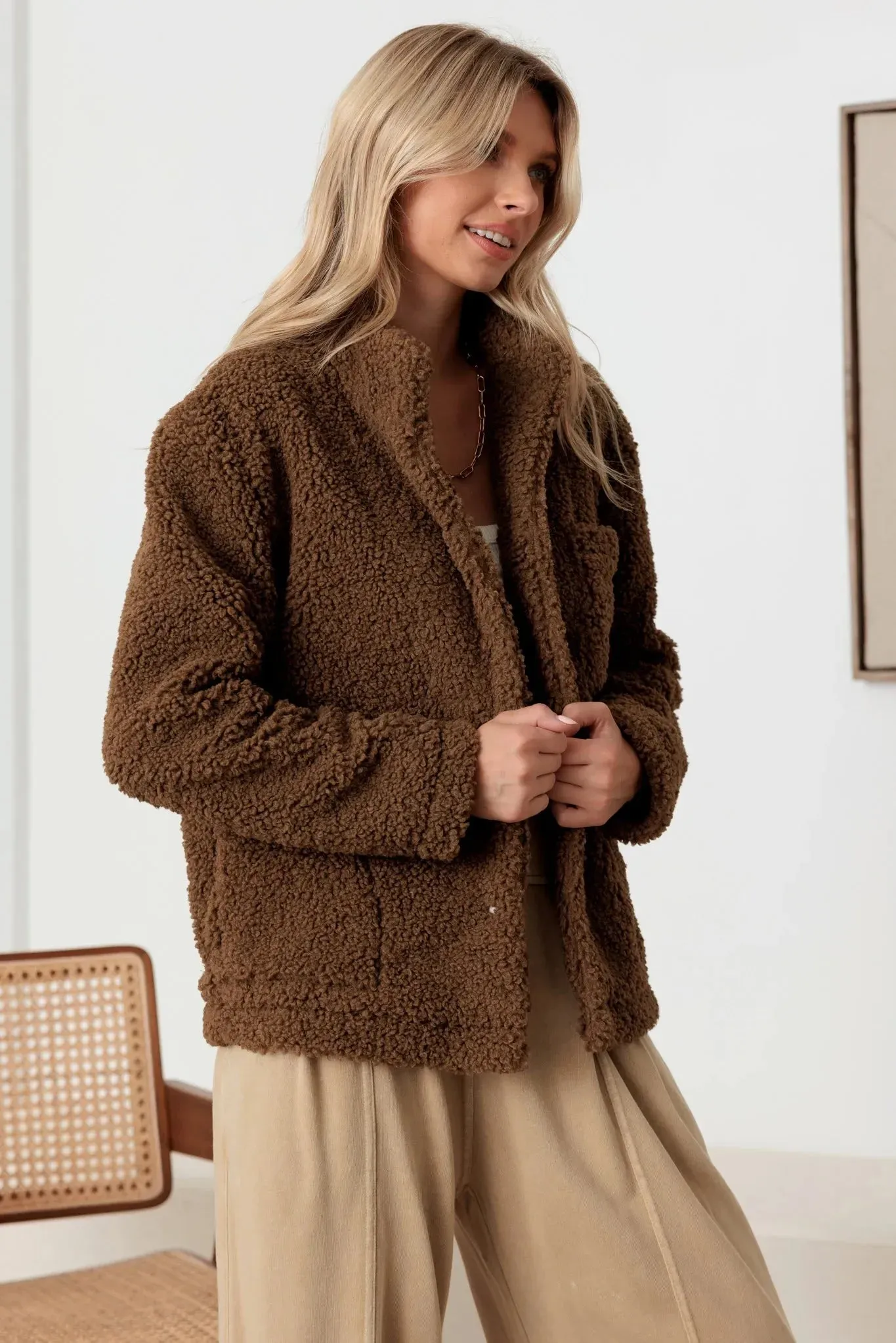 Faux Shearling Long Sleeve Shaggy Jacket