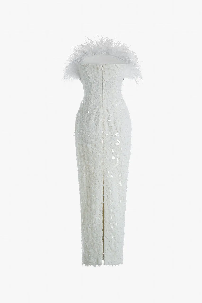 Feather & Crystal Embellished Wool Gown