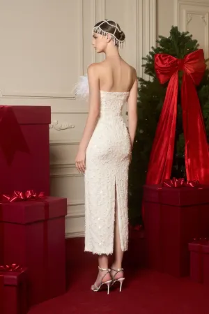 Feather & Crystal Embellished Wool Gown