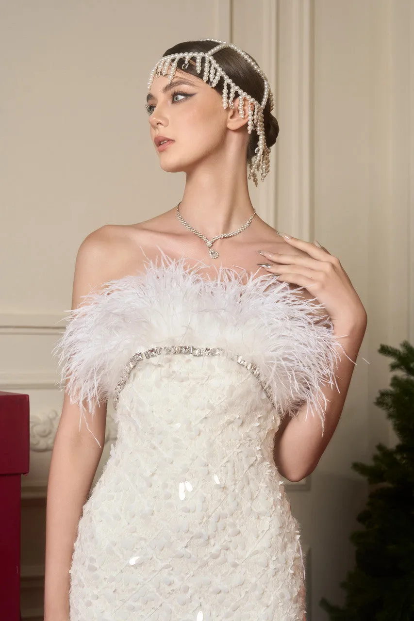 Feather & Crystal Embellished Wool Gown