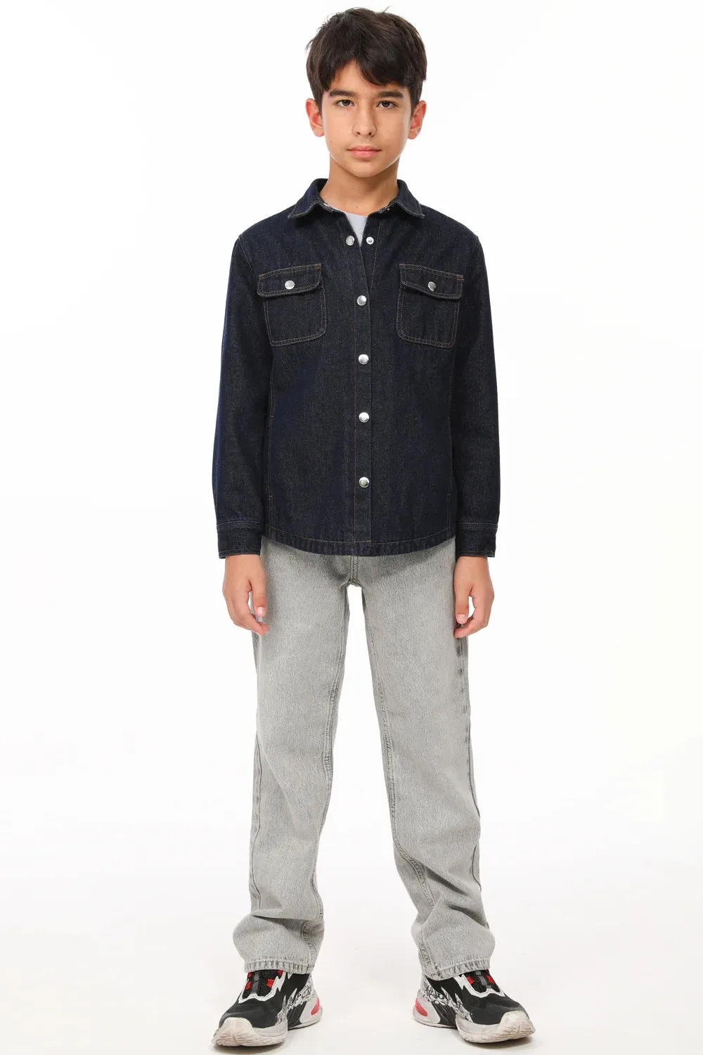 FlannelGo Kids Flannel Lined Jean Shacket,Denim Shirt Jac,Unisex