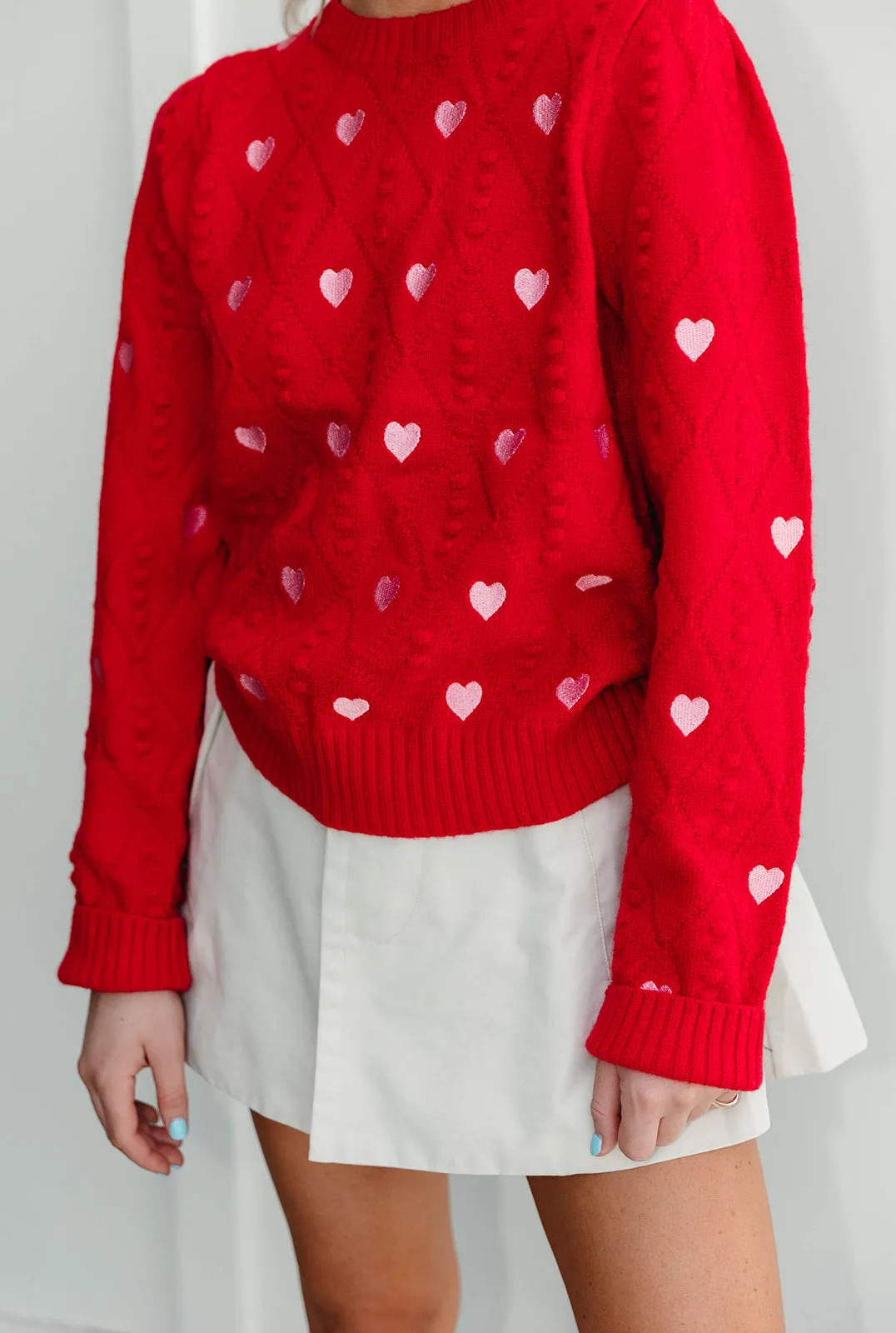 Heart Embroidery Sweater - Red/Pink