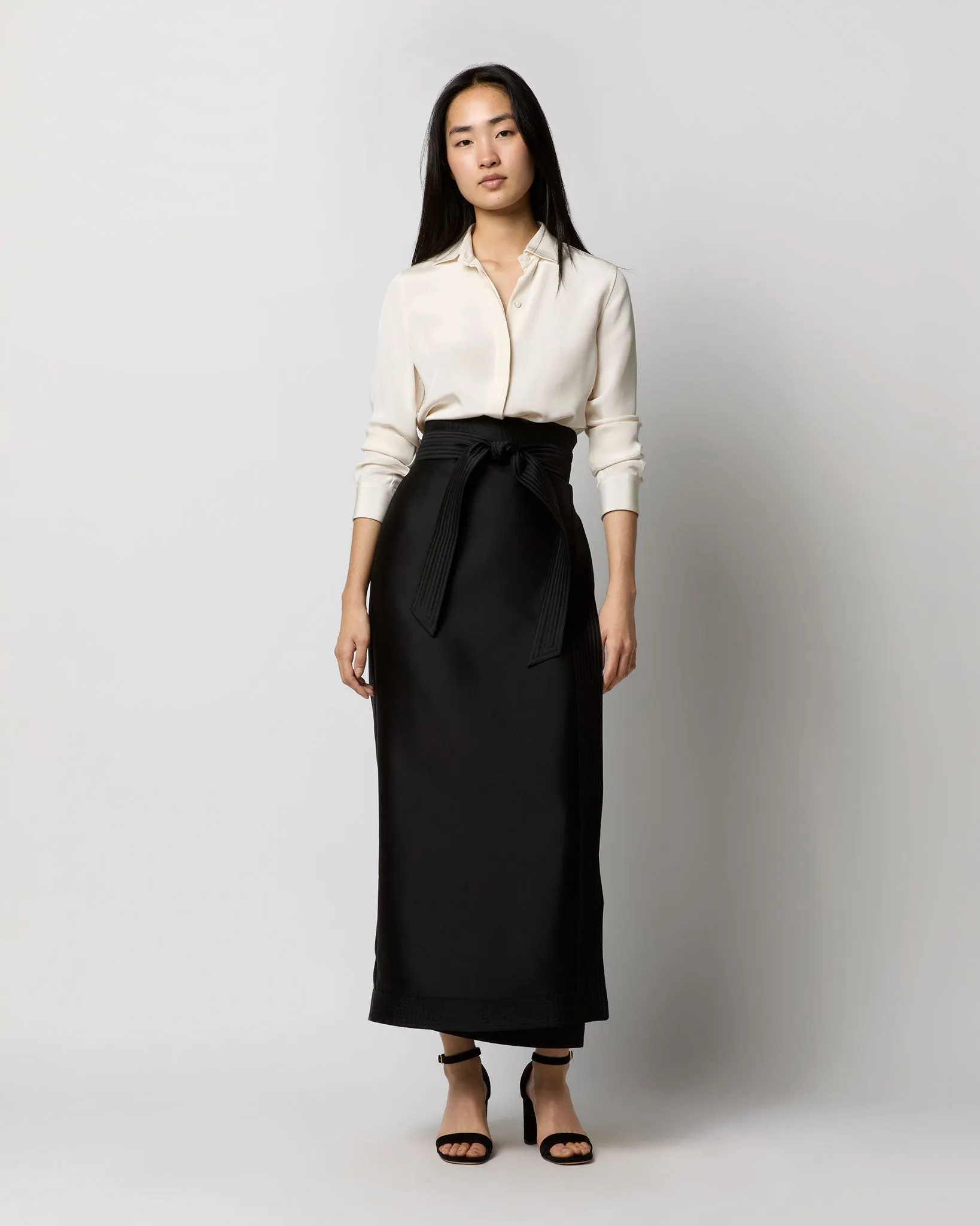 Kira Maxi Wrap Skirt in Black Silk/Wool