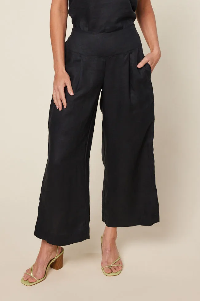 Liliana Wide Leg Linen Pant in Black