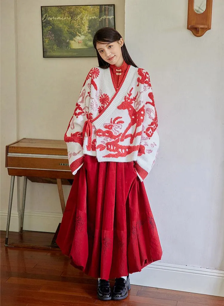 Lu Lu Lu 陆陆陆 New Chinese Style Cross Collar Knit Cardigan & Wrap Skirt Set