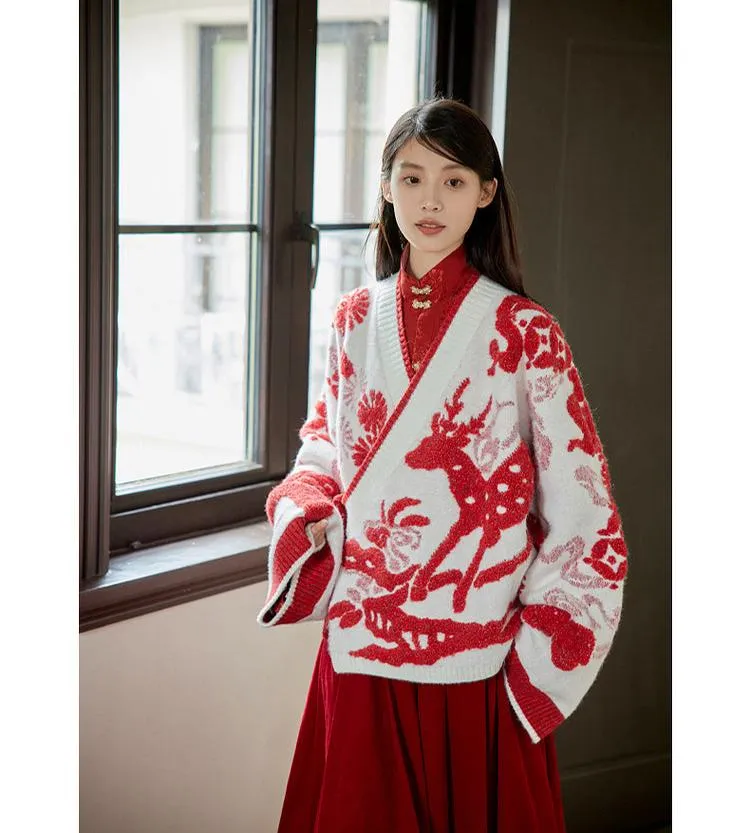 Lu Lu Lu 陆陆陆 New Chinese Style Cross Collar Knit Cardigan & Wrap Skirt Set