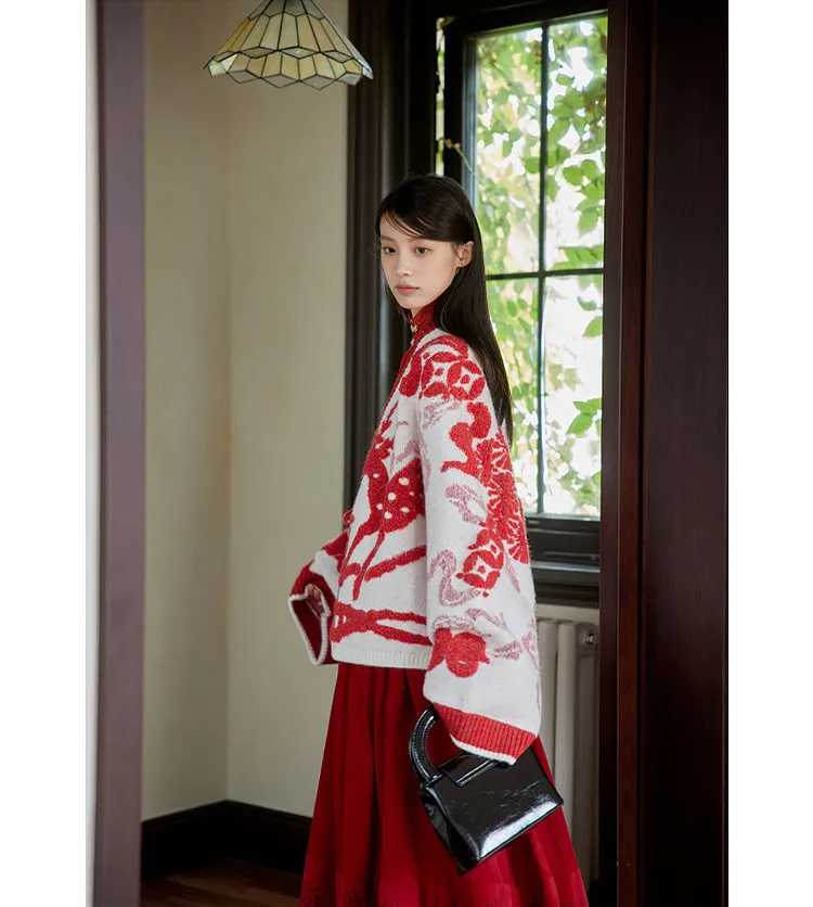 Lu Lu Lu 陆陆陆 New Chinese Style Cross Collar Knit Cardigan & Wrap Skirt Set