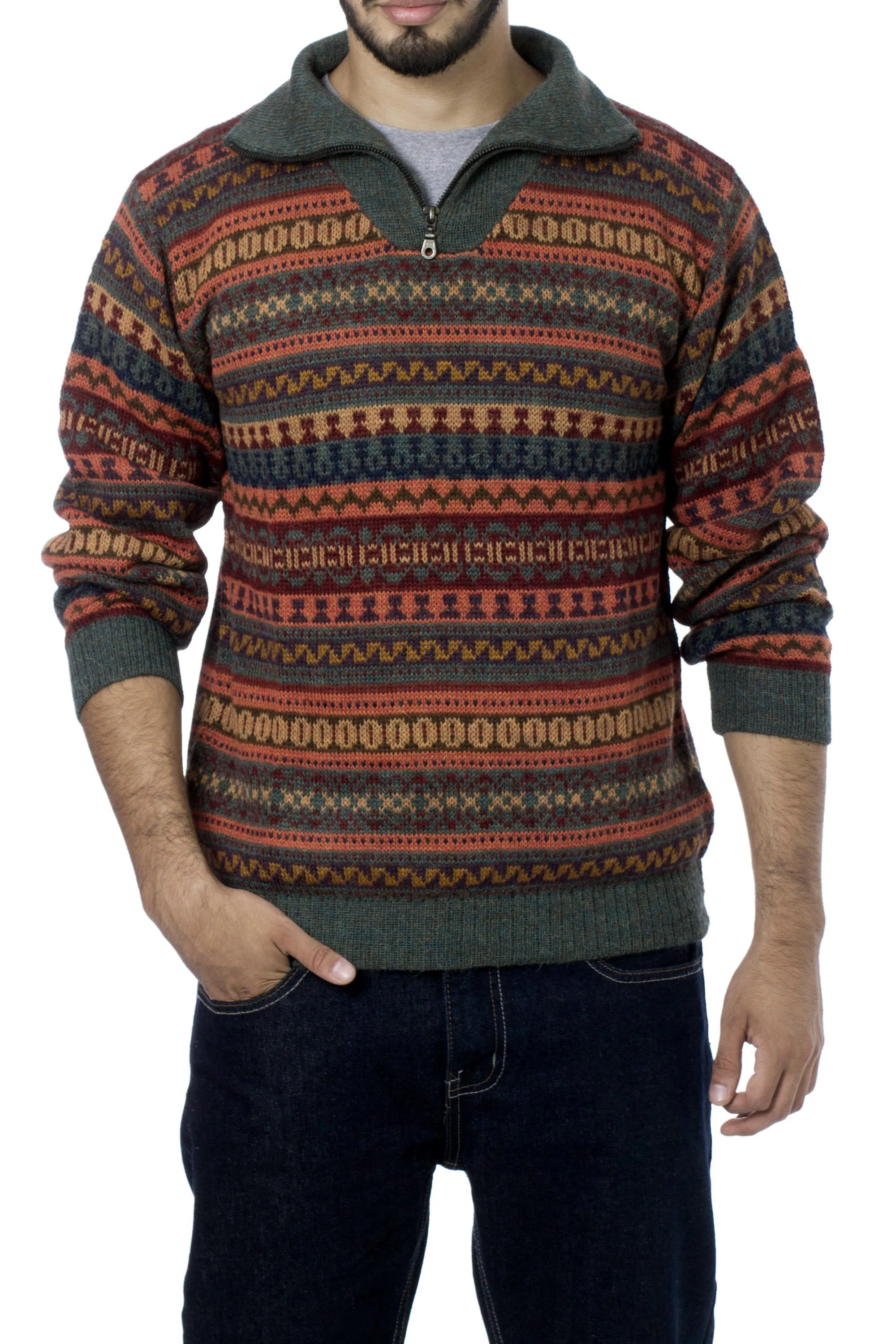 Men's Fair Trade Alpaca Art Knit Pullover Sweater - Mountain Sunset | NOVICA