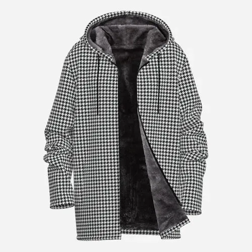 Men's Retro 60s Houndstooth Hoodie Jacket | Fleece-Lined Winter Coat