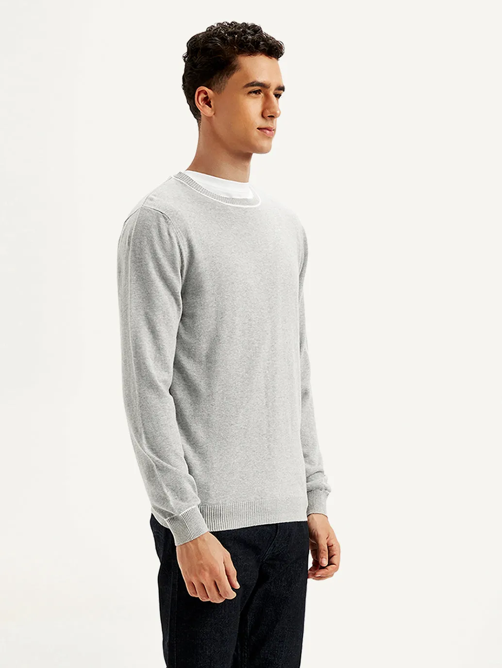 Men's Solid Light-Grey Crew Neck Sweater