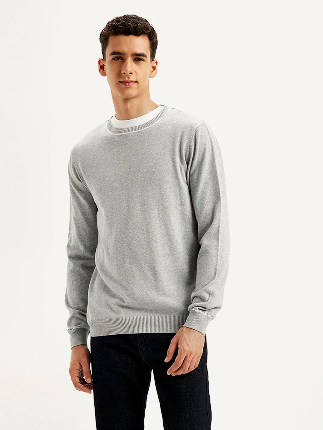 Men's Solid Light-Grey Crew Neck Sweater