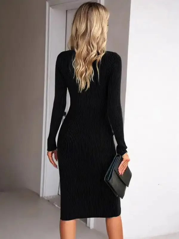 New Women’s Square Neck Elegant Package Hip Long Skirt Woolen Dress