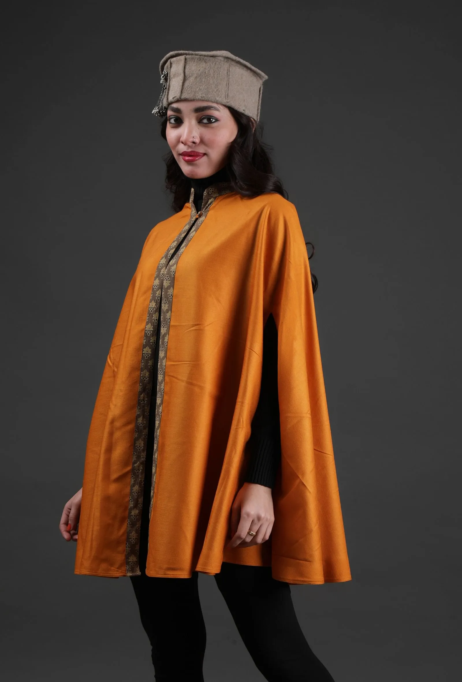 Parehaa Mustard Cashmilon Front-Open Overlay Cape With Ajrakh Detailing