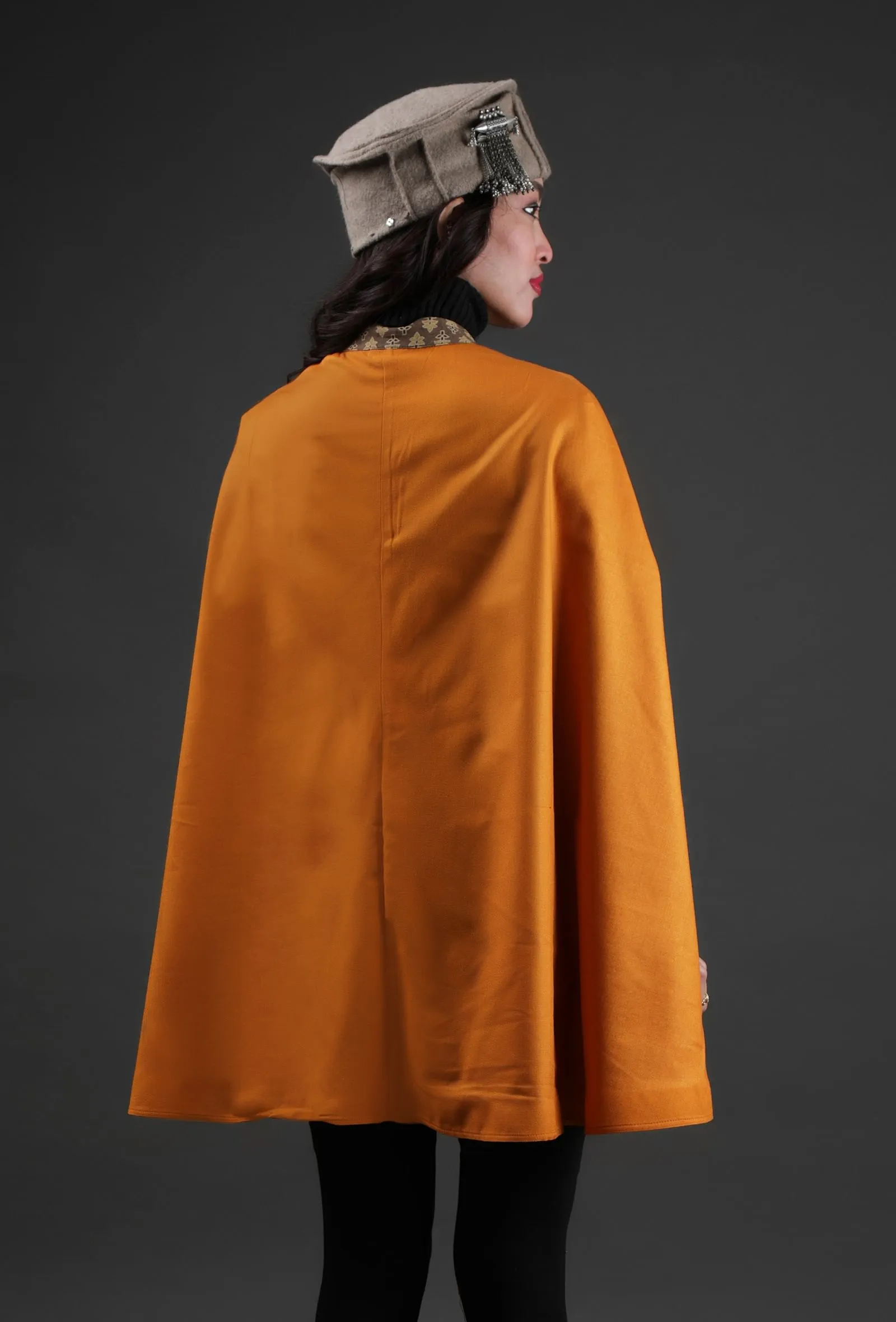 Parehaa Mustard Cashmilon Front-Open Overlay Cape With Ajrakh Detailing