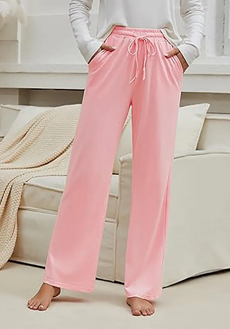 Pink Women's Casual Elastic Waist Full Length Relaxed Fit Stretch Wide Leg Pants Side Pocket