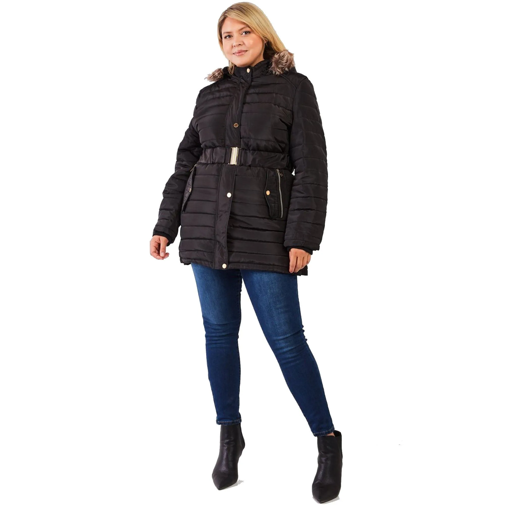 Plus Parallel Quilt Faux Fur Hood Belted Padded Long Puffer Jacket