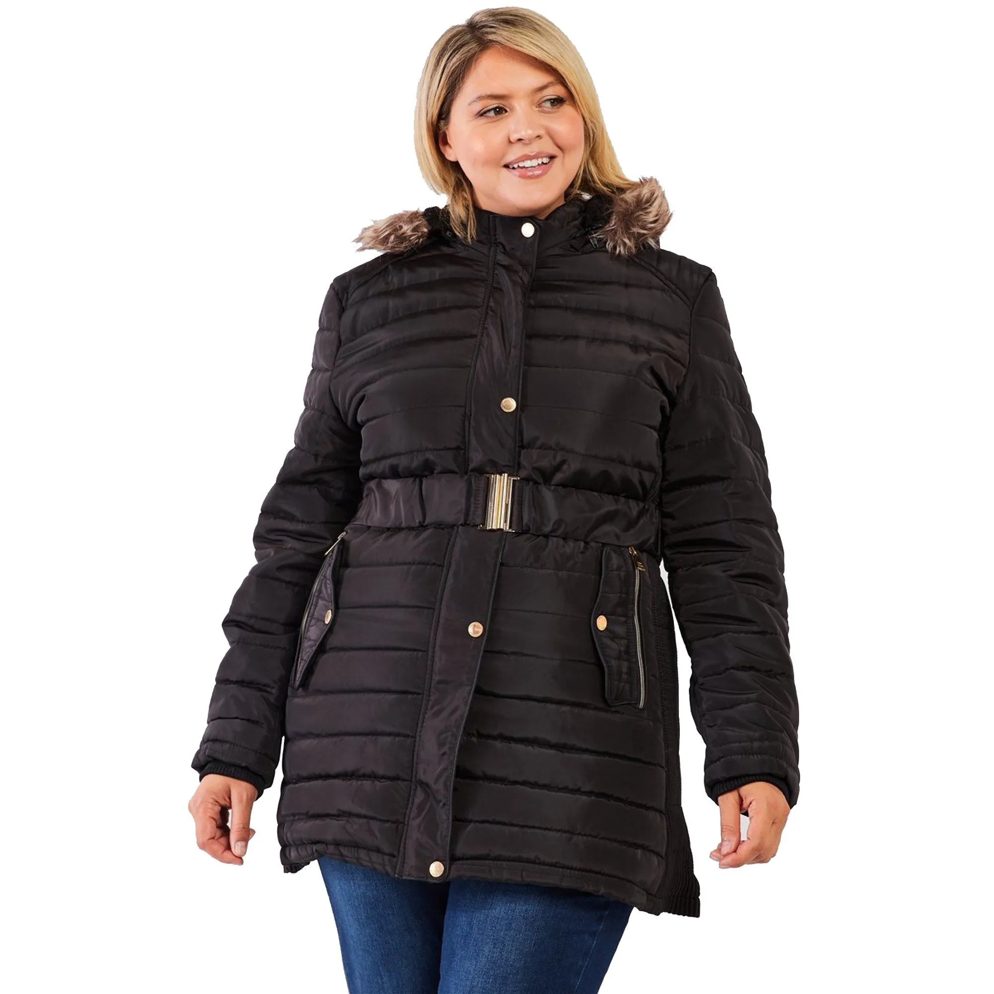 Plus Parallel Quilt Faux Fur Hood Belted Padded Long Puffer Jacket