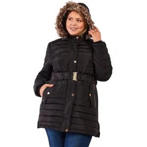 Plus Parallel Quilt Faux Fur Hood Belted Padded Long Puffer Jacket