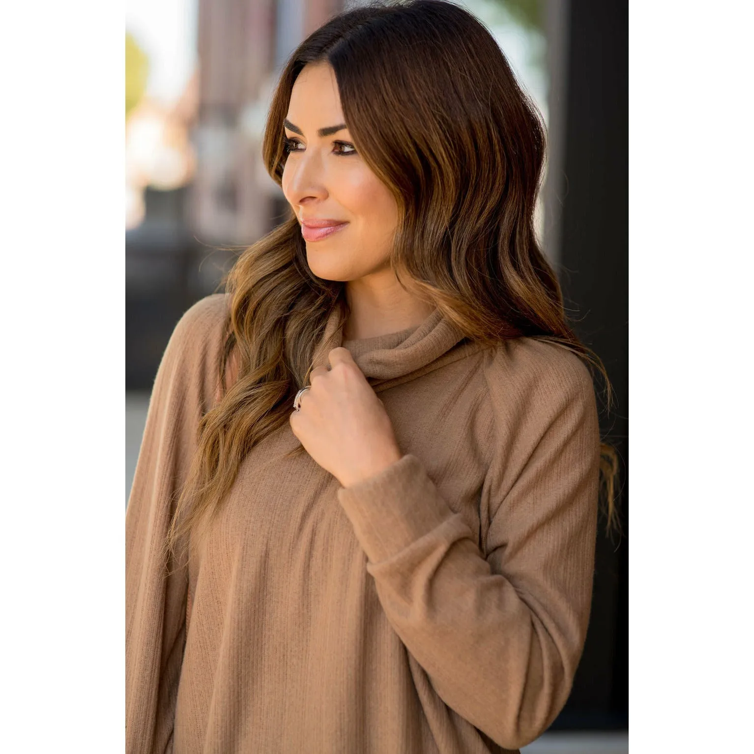 Ribbed Cowl Neck Long Sleeve Sweater Tee