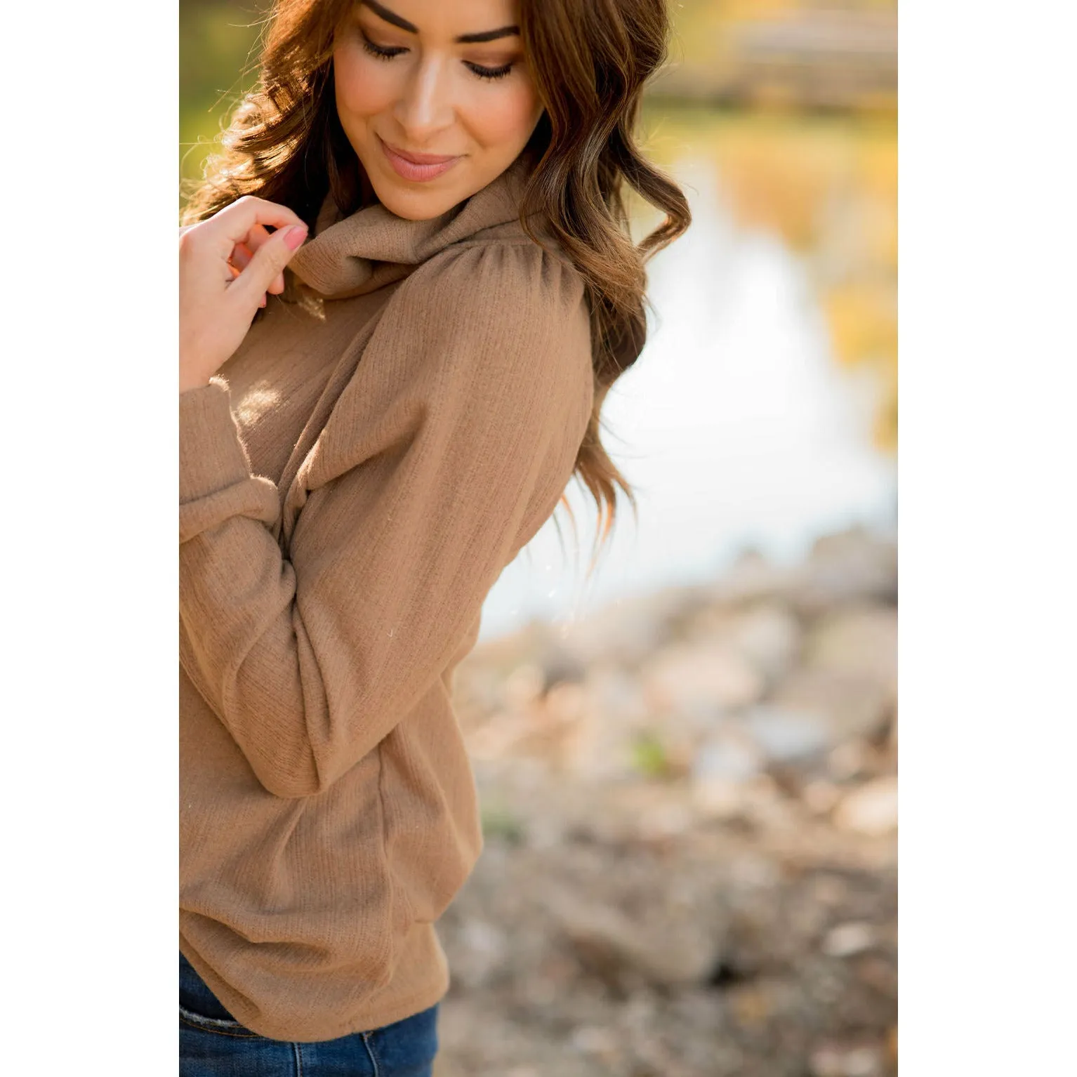 Ribbed Cowl Neck Long Sleeve Sweater Tee