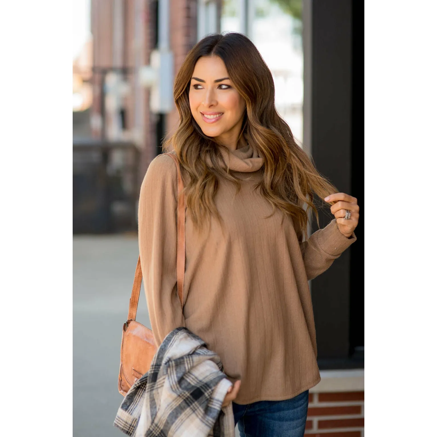 Ribbed Cowl Neck Long Sleeve Sweater Tee