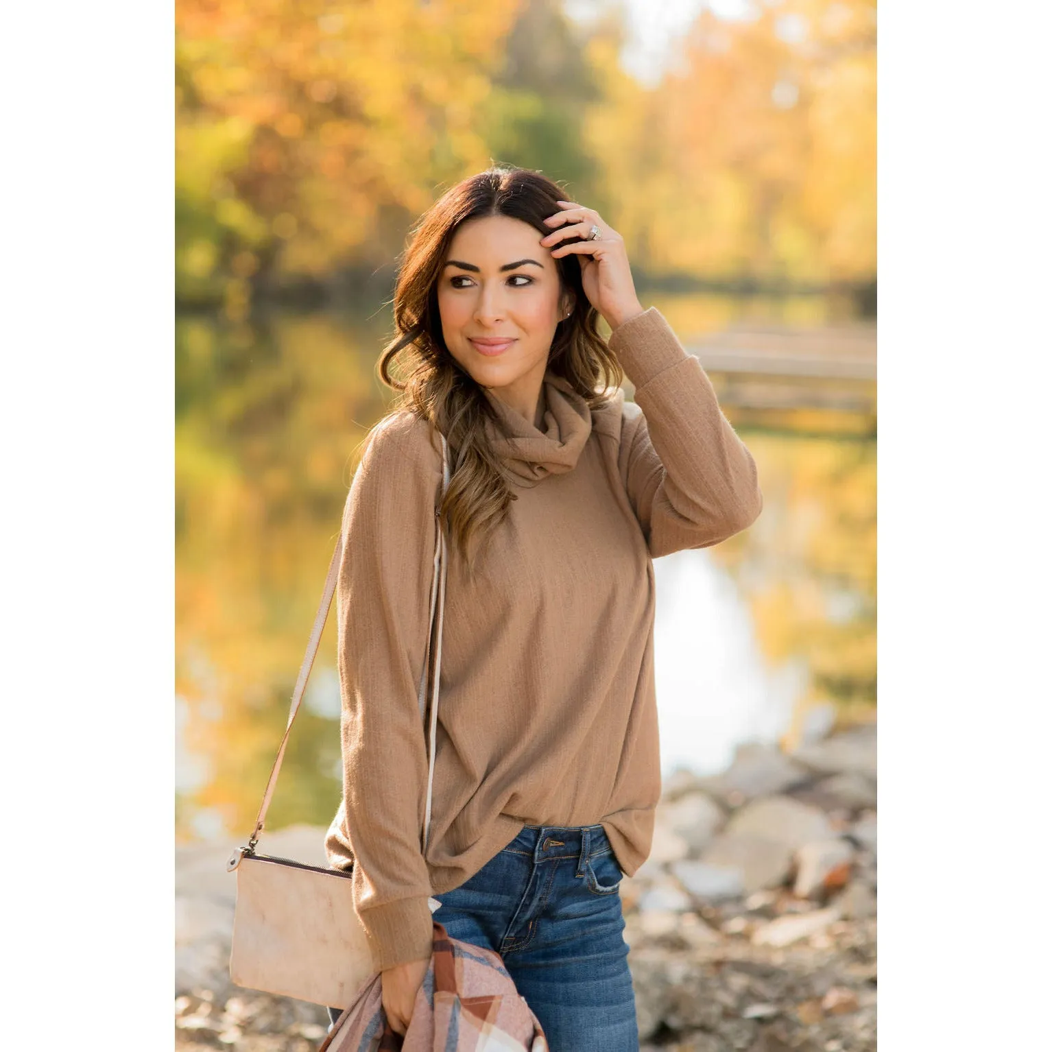 Ribbed Cowl Neck Long Sleeve Sweater Tee