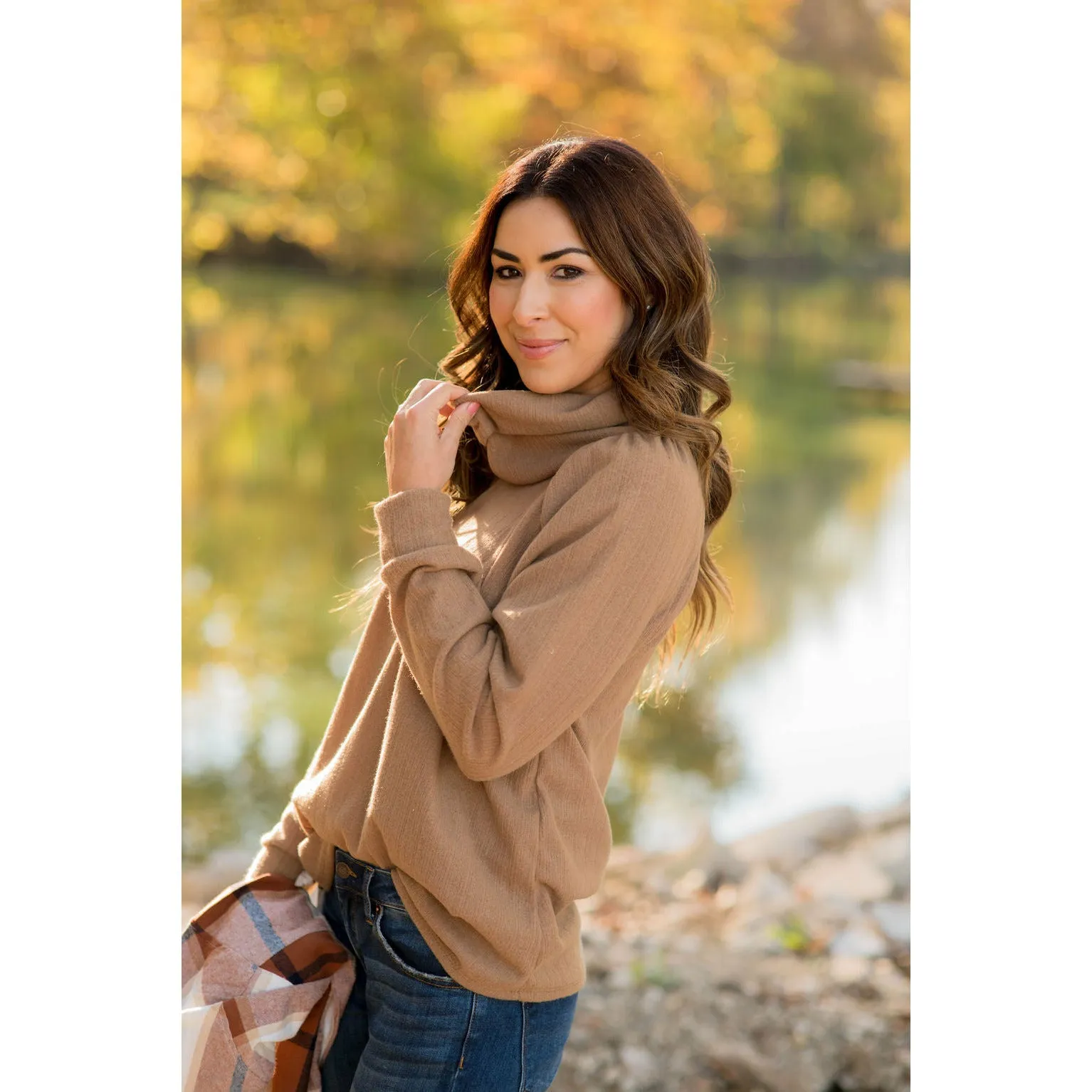 Ribbed Cowl Neck Long Sleeve Sweater Tee